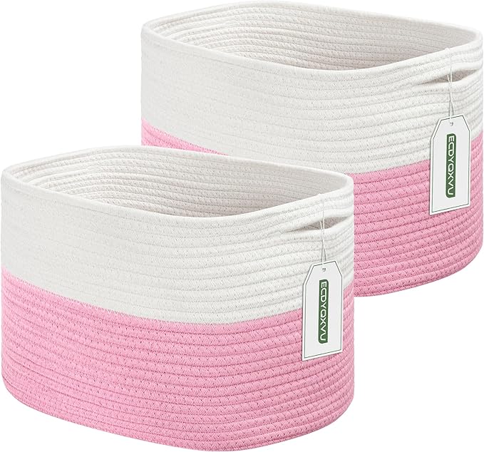 ECDYQXVU Cotton Rope Shelf Storage Basket, 15x10x9 in, Shelf Storage Baskets for Clothes, Towels, Books, Laundry (White/Pink, 2 Pack)