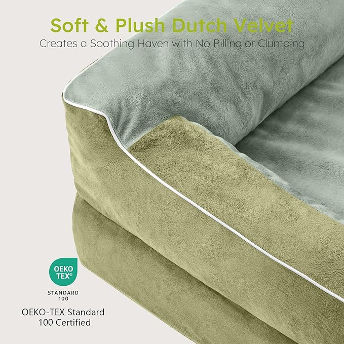 CWAWZ Dog Beds for Large Dogs, Orthopedic Dog Bed with Cooling Gel Memory Foam, Waterproof Large Pet Bed with Removable Washable Cover, 36" Pet Sofa Couch Dutch Velvet with Bone Toy, Dark Green
