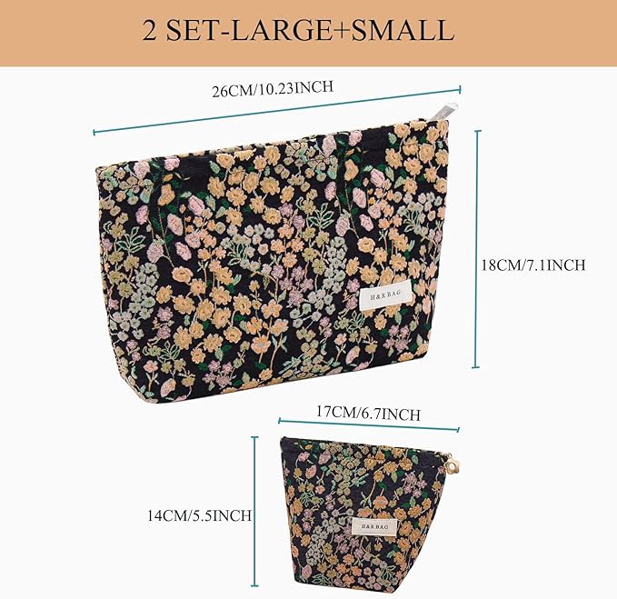 getgto 2 Pcs Makeup Bags, Large Cosmetic Bag Travel Toiletry Bag Organizer for Women, Embroidery Craft, Floral Makeup Bag Small Cosmetic Pouch Purse with Zipper Gifts for Girls Teen