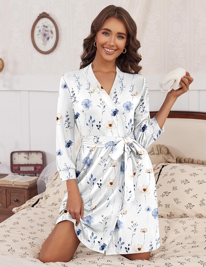 HOTOUCH Womens Robe Lightweight Short Knit Bathrobe Soft Ladies Sleepwear with Pockets