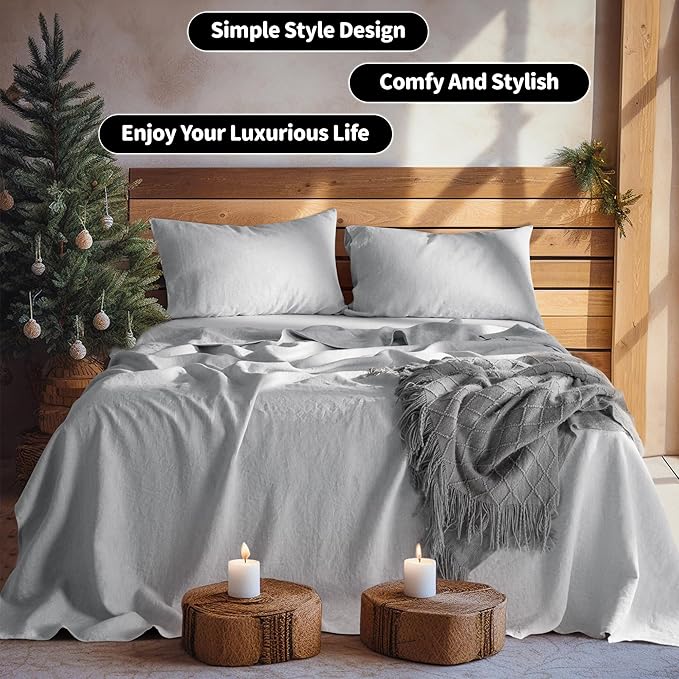 LBRO2M 100% Linen Sheet Set Twin Size,Bed Sheets 3 Piece Sets,Solid Color Natural Flax Bed Sheets Soft Breathable Bedding,16" Deep Pocket,All Season (Twin, Grey)