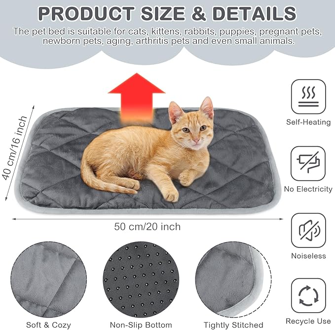 Clysee 2 Pack Self Heating Cat Mat Self Warming Pet Pads Washable Kennel Mat Dog Crate Pad Reflects Body Heat Non Skid Cat Thermal Pads for Puppy Indoor Outdoor(Gray,16 x 20 Inches)