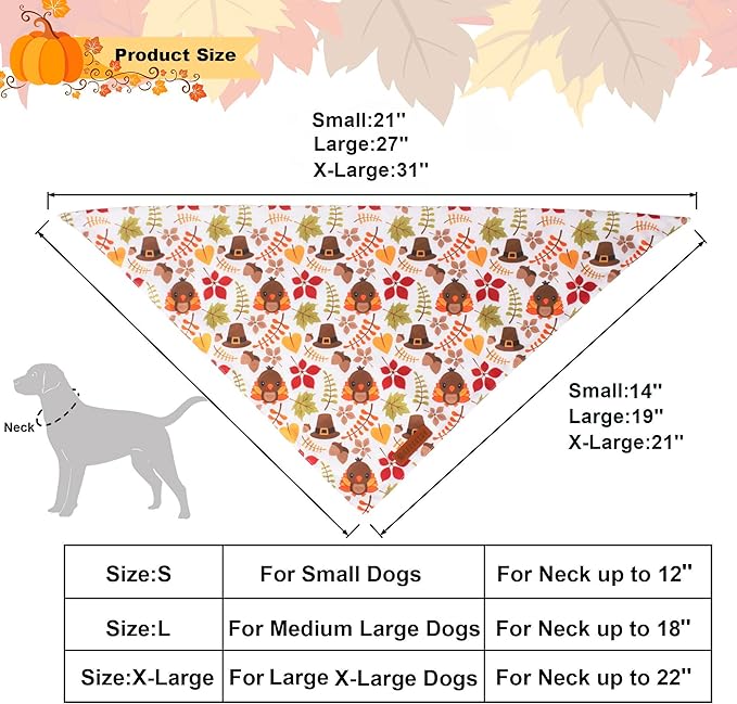 ADOGGYGO Thanksgiving Dog Bandana, Pumpkin Turkey Pet Scarf, Multi Size Offered, Fall Autumn Leaves Thanksgiving Bandanas for Medium Large Dogs Pets (Large)
