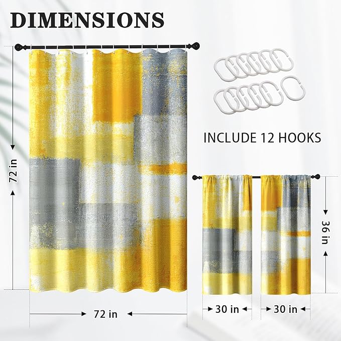 Culudea Grey Yellow Painting Shower Curtain Set, Gray Contemporary Abstract Bathroom Window Waterproof Shower Curtain Set for Bathroom Decor