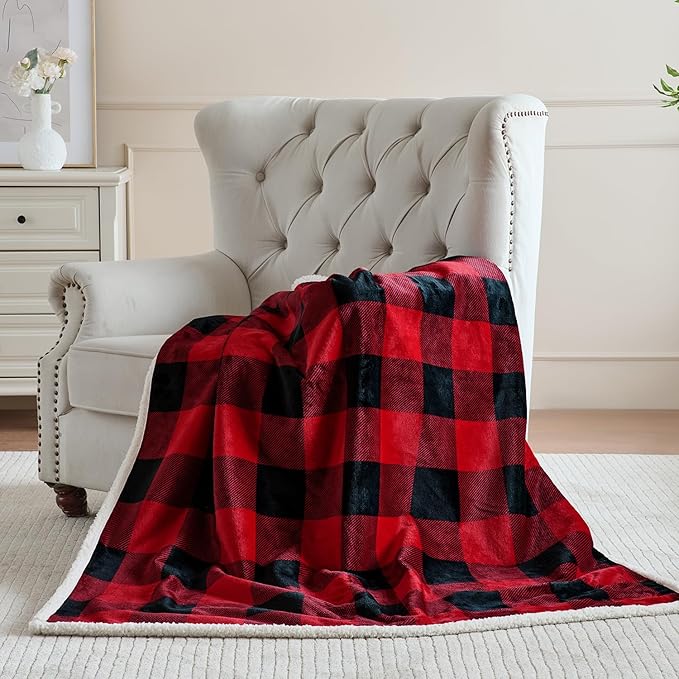 Qeils Dog Blankets for Large Dogs, Waterproof Dog Blanket Washable, Soft Sherpa Fleece Puppy Blanket for Kitten Doggy, Warm Cat Blankets for Indoor Cats, 50"X60", Red Christmas Checker