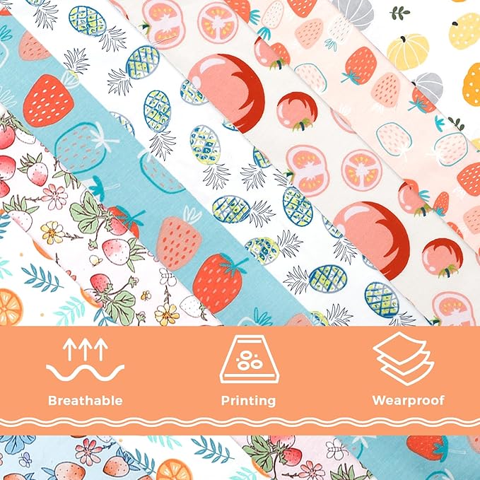 Aubliss 8pcs Fat Quarter Fabric Bundles (100% Cotton - 20'' x 20'') Quilting Cotton Craft Fabric Pre-Cut Squares Sheets for Patchwork Sewing Quilting Crafting (Fruit)