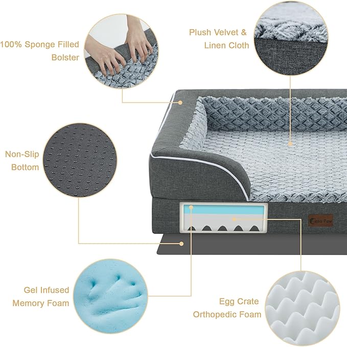 Casa Paw Orthopedic XL Dog Beds, Waterproof Memory Foam Big Pet Bed for Extra Large Sized Dogs 45x35Inch, Non-Slip Bottom and Egg-Crate Foam Dog Couch Bed with Washable Removable Cover, Dark Grey