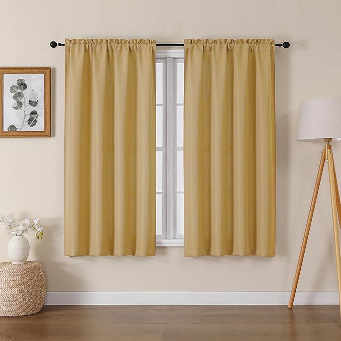 Lecloud Bessie Gold Curtains 54 Inch Length 2 Panels Set, Light Filtering Curtains Faux Linen Textured Drapes for Bedroom Living Room, Soft Airy Rod Pocket Window Treatments, Each 30 W x 54 L