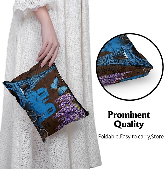 Cafl Eiffel Tower Vintage Wisteria Makeup Bag Travel Large Cosmetic Bag Organizer toiletry Essentials Jewelry Zipper Bag Gift For Women -10×8 inch