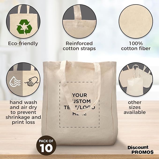 DISCOUNT PROMOS Custom Cotton Canvas Tote Bags (Set of 10) - Personalized, Reusable & Eco-Friendly - Perfect for Grocery, Promotions, Branding - Natural Color, 14.25"X15.5"X5", 10 OZ Cotton