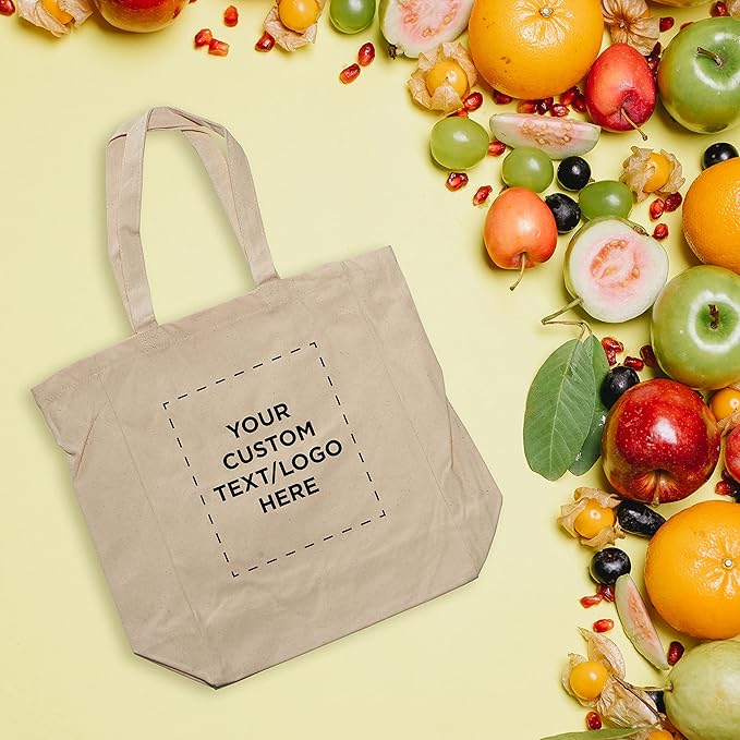 DISCOUNT PROMOS Custom Cotton Canvas Tote Bags (Set of 10) - Personalized, Reusable & Eco-Friendly - Perfect for Grocery, Promotions, Branding - Natural Color, 14.25"X15.5"X5", 10 OZ Cotton