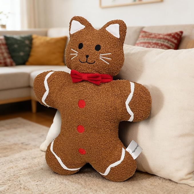 VigorSpring Gingerbread Cat Plush Pillows - Soft Teddy Fleece Stuffed Cushion, Cute Animal Shaped Pillow for Kids Girls Women, Perfect for Sofa Bed Office Living Room Decor and Birthday Gift (Brown)