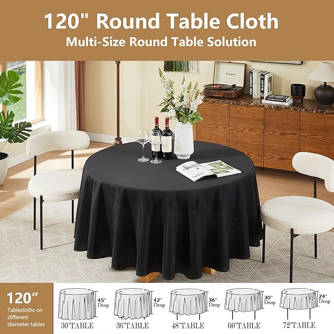 Black Round Tablecloth 6-Pack, 120 Inch Diameter Table Cloth for Round Tables - Polyester Fabric Tablecloths, Reusable & Washable Table Cover