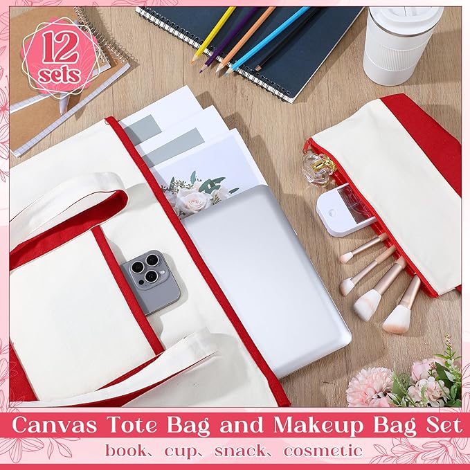 Sanwuta Canvas Tote Bags Bulk with Outer Pocket and Makeup Pouch 18'' Reusable Grocery Bags with Handles for Women Beach DIY