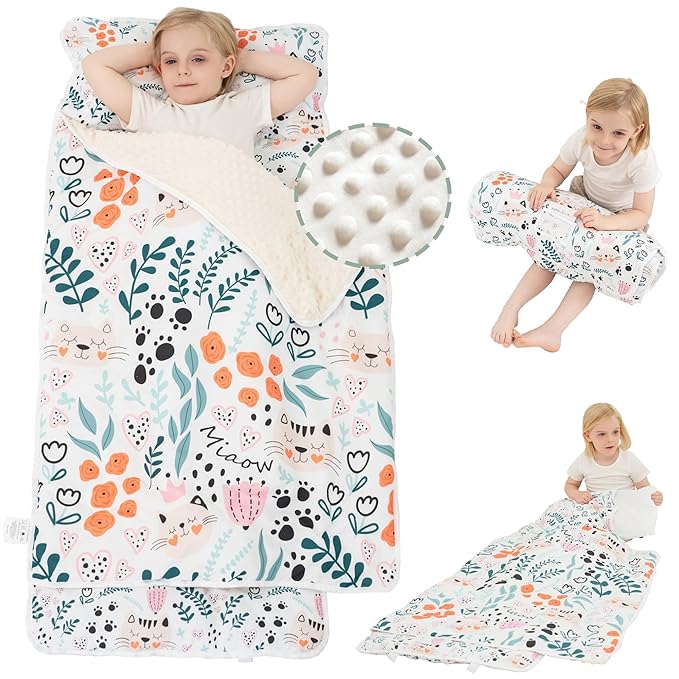 Viviland Toddler Nap Mat with Pillow and Minky Dot Blanket, Rolled Sleeping Mats/Slumber Bag, Large Thick Kids Nap Mat for Preschool, Daycare, Kindergarten, Travel Camping -Cute Cat