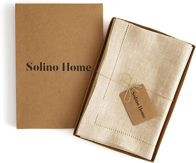 Solino Home Linen Napkins Set of 4 - Hemstitch 100% Pure Linen Champagne Beige Dinner Napkins Cloth 20 x 20 Inch for Spring, Easter - Milan, Handcrafted and Machine Washable
