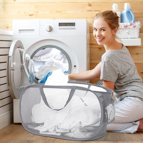 2 Pcs Durable Collapsible Laundry Baskets - Reinforced Mesh Pop Up Laundry Hamper with Pocket, Foldable Dirty Clothes Hamper with Carry Handles for Laundry, Bathroom, Kids Room, Dorm or Travel Grey