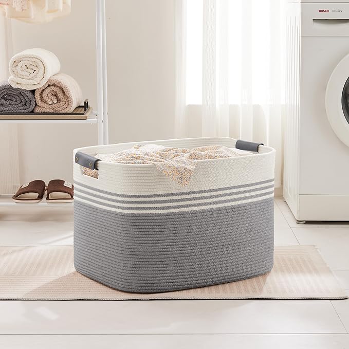 SunNewt 100L Extra Large Laundry Basket with Leather Handles for Living Room Storage, Woven Rope Baskets for Blanket, Kids Toy, Gifts, Wicker Hamper for Bedroom Dirty Clothes, 24"x16"x16" White Grey