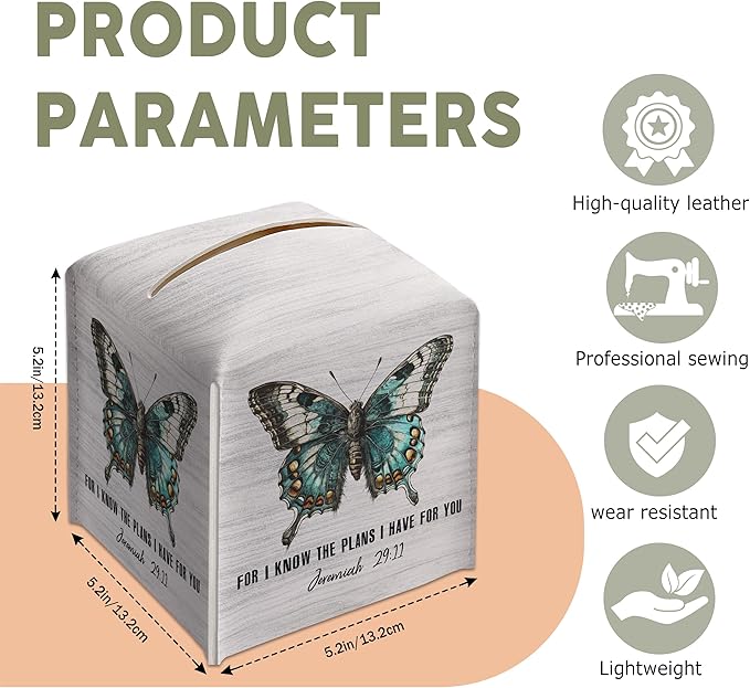 Butterfly Decorative Tissue Box Cover Square, Wood Pattern Leather Tissue Box Cover Holder, Bible Verse Inspirational Gift Ideas for Friends, Bathroom Office Desk Decor-(5.2 Inches)