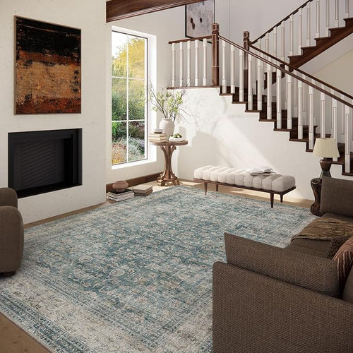 10x12 Large Rugs for Living Room: Washable Living Room Rug Stain Resistant Non Slip Distressed Vintage Carpet Low Pile Faux Wool Soft Rugs for Bedroom Farmhouse Dining Room Kids Playroom Nursery