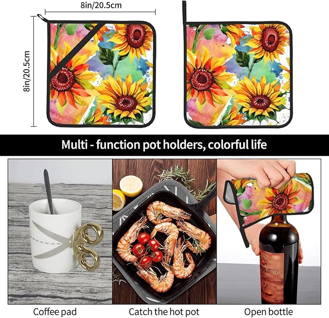 Colorful Sunflower Pot Holders Set of 2 Heat Resistant & Non Slip Potholders, Watercolor Art Style Fire Oven Hot Pads for Kitchen Cooking Baking Barbecue