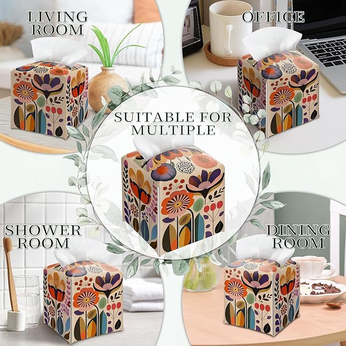 Scandinavian Boho Tissue Box Holder, Norwegian Folk Floral Leather Tissue Box Cover Square, Paper Napkins Everyday Dispenser for Bathroom Night Stands Kitchen Office Car Home Decor