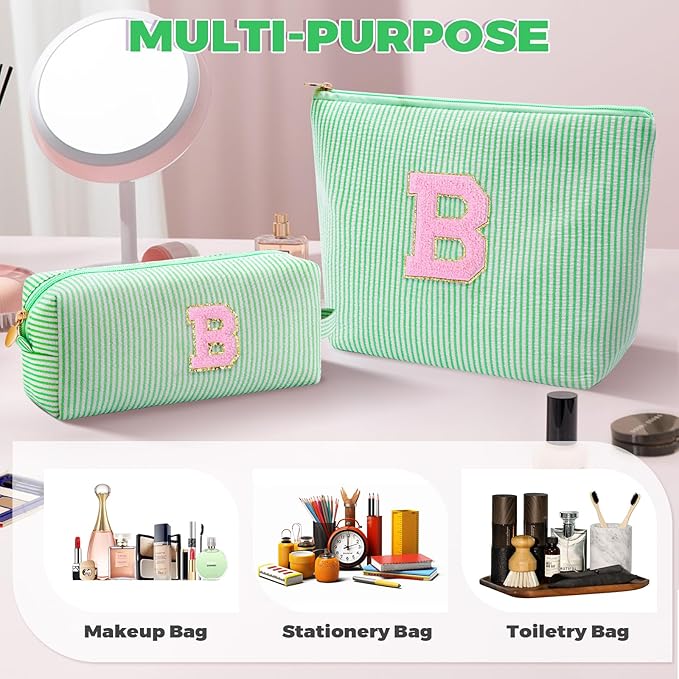 Btffitting Bridesmaid Gifts Wedding Day - Bridal Shower Gifts,Maid of Honor Gifts,Initials Makeup Bag Set Cosmetic Bag - Green,B