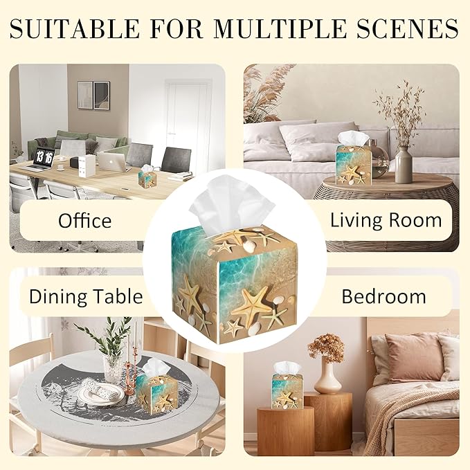 POIUBLE Beach Theme Tissue Box Holder Seashell Starfish Print Tissue Box Cover Square Leather Tissue Holder Organizer Portable Decorative Facial Paper Case for Home Office Bathroom Vanity Countertop