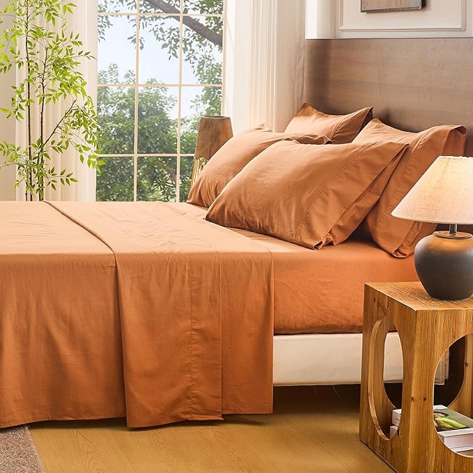 Bedlifes 100% French Linen Sheets California King Size 18-24" Extra Deep Pocket 4-Piece Set Breathable & Moisture-Wicking,Soft & Durable Sheets for Thick Mattresses(Brown)