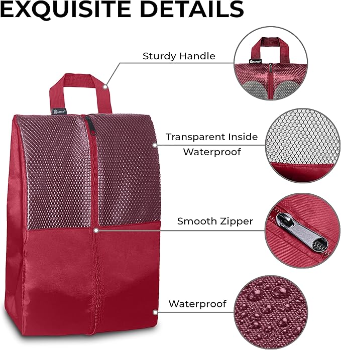 HANOZI Shoe Bags For Travel, Used As For Storage or Shoe Travel Bag, Space Saving When Travelling With This Travel Shoe Bags For Packing, Featuring Waterproof Nylon Sneaker Bag. (Red, 2 Pack, Large)