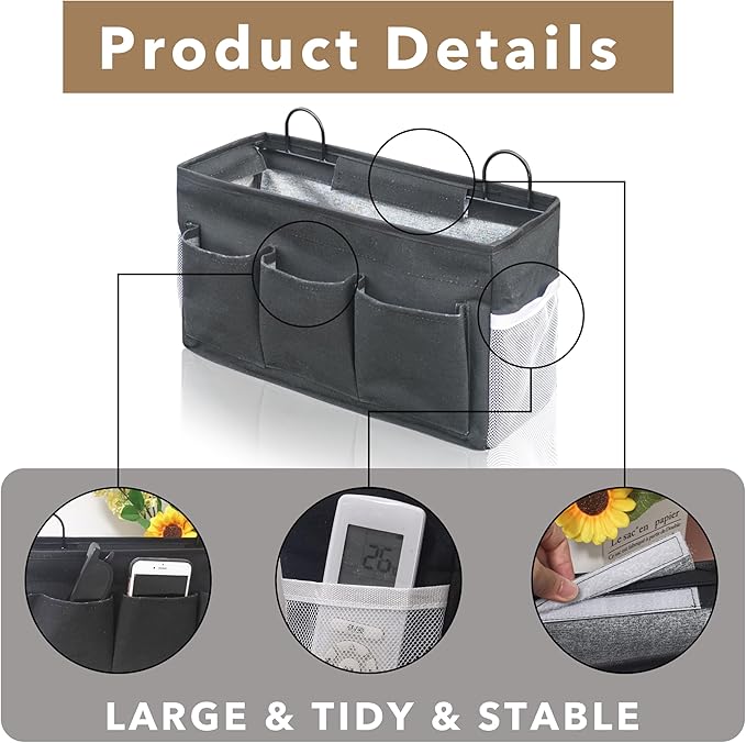 Kanrichu 2pcs 3-pockets Large Wall Hanging Organizer Bag, Linen Fabric Door Hanging Storage Baskets with Pockets, Waterproof Bin for Kitchen, Bedroom, Office, RV Camper (Black-2pcs)