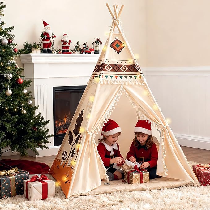 Duwenem Teepee Tent for Kids, Play Tent with Padded Mat & Star Lights, Indoor Play Tent for Girls & Boys, Desert Camel