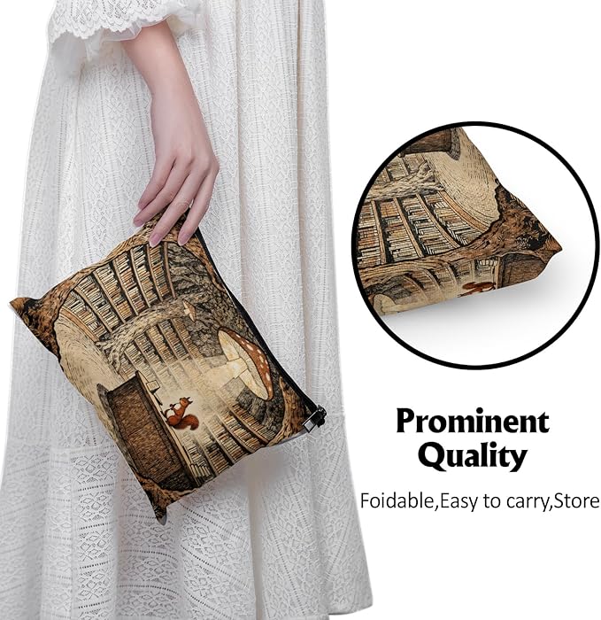 Cafl Forest Library Squirrel Makeup Bag Travel Large Mushroom Lamp Cosmetic Bag Organizer toiletry Essentials Jewelry Zipper Bag Gift For Women -10×8 inch