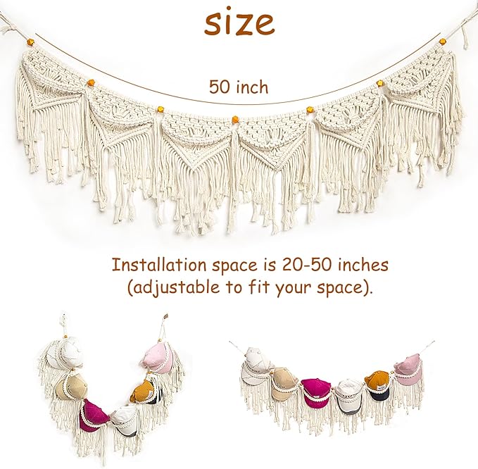 jontell Macrame Hat Organizer Baseball Cap Holder Ball Hat Storage Cap Display with Bead Wall Hanging Hat Rack for Boho Bedroom Living Room-1 Pack