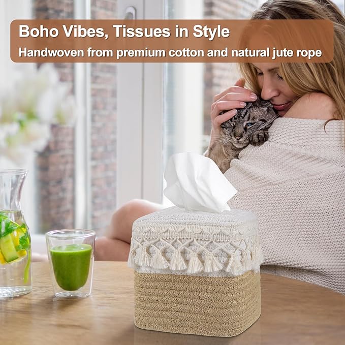Natural Boho Tissue Box Cover: Handwoven Square Holder with Tassel for Bathroom, Table & Kitchen – Open-Bottom Design Decorative Cover for Home, Office & Farmhouse Decor