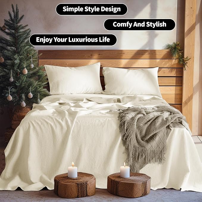 LBRO2M 100% Linen Sheet Set Twin Size,Bed Sheets 3 Piece Sets,Solid Color Natural Flax Bed Sheets Soft Breathable Bedding,16" Deep Pocket,All Season (Twin, Beige)