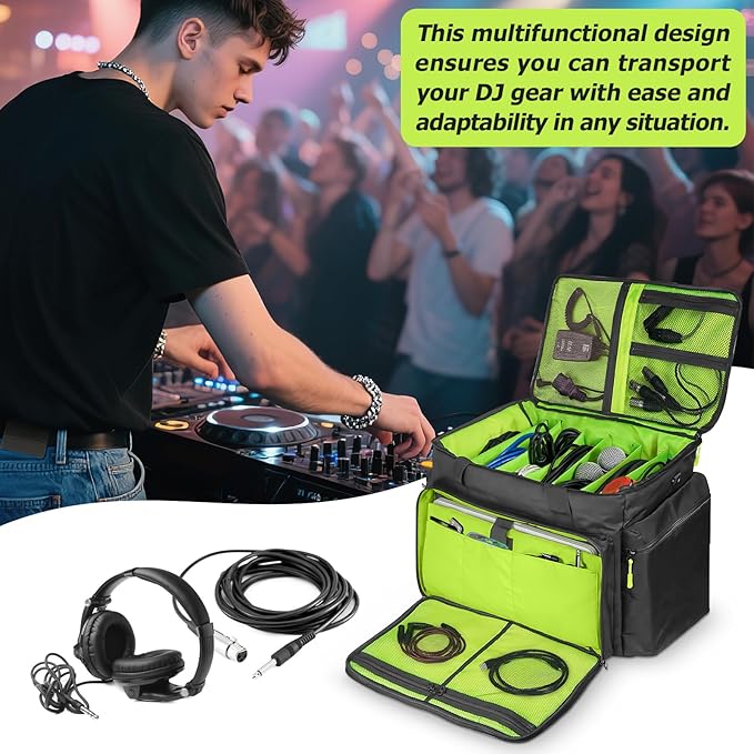 XIDIHF DJ Cable File Bag with Adjustable Dividers, Travel DJ Gig Bag for Cables, Cords, DJ Gear, & Musicians Accessories, for Professional Equipment, 18''Wx14''Dx12.2''H