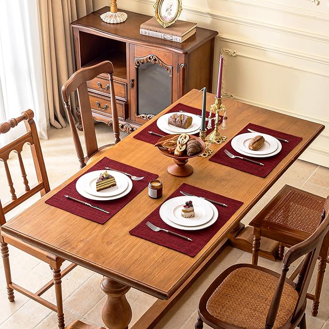 KXN Placemats Set of 4, Dual-Layer Thickened Faux Linen Table Mats, Heat Resistant & Wrinkle-Free, Machine Washable Cloth Place Mats for Kitchen Dining Indoor Outdoor (Red)