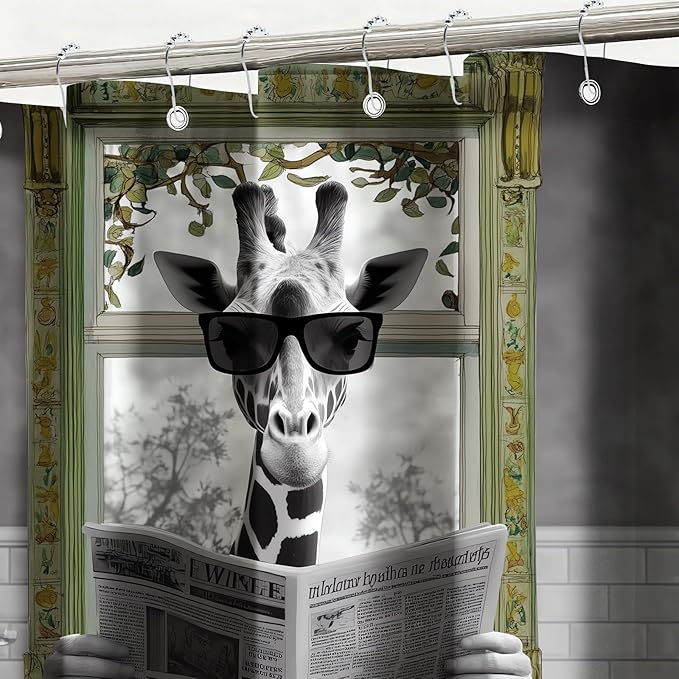mutakin Rustic Shower Curtain Giraffe Reading Newspaper Shower Curtains for Bathroom Waterproof Fabric Bath Curtain Decor with Hooks