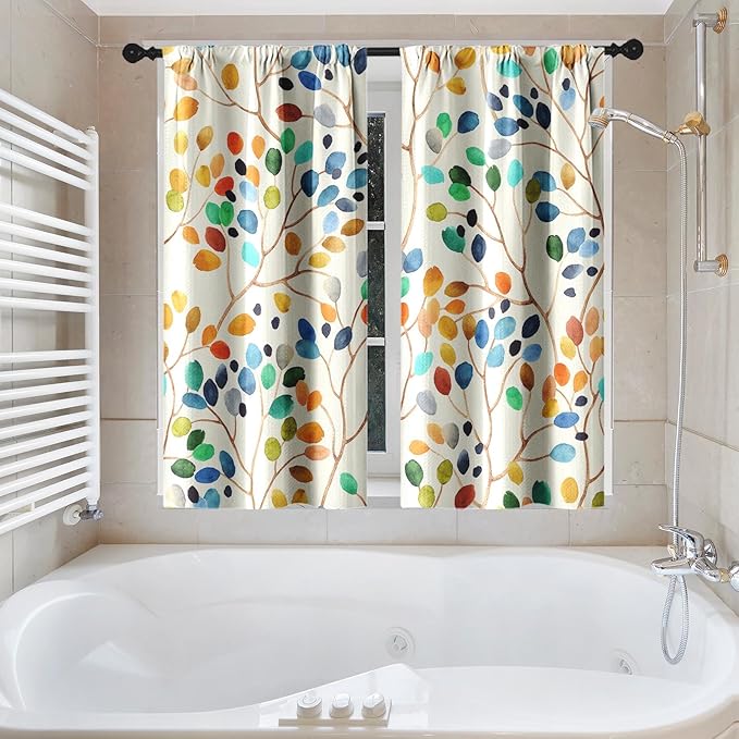 Culudea Colorful Leaves Ivory Shower Curtain Set, Floral Modern Boho Bathroom Window Waterproof Shower Curtain Set for Bathroom Decor