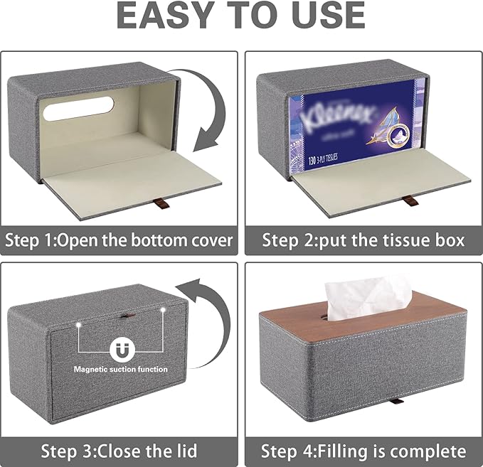 XNONE Tissue Box Cover Rectangle Tissue Box Holder PU Leather Facial Organizer with Magnetic Bottom,Decorative Napkin Caddy for Vanity Dresser Night Stand Table Countertop Home Office Car,Grey