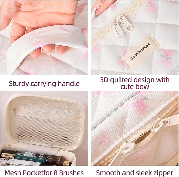 Quilted Makeup Bag, Large Capacity Travel Cosmetic Bag for Women and Girls, Aesthetic Storage for Daily and Travel (Pink Bow)
