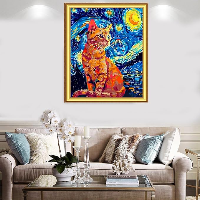 Foxnyart Stamped Cross Stitch Kits Full Range of Embroidery Needlework Starter Kits for Beginners Adults 11CT Embroidery Patterns Art Crafts DIY Needlepoint Kit-Van Gogh Starry Cat 16x20 inchs