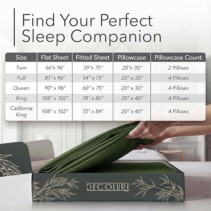 DECOLURE 100% Viscose Derived from Bamboo Sheets Queen Size - Luxury 6 Pc Naturally Cooling Sheets, Ultra Soft Bed Set - Deep 17" Pockets, Durable Double Stitching, Oeko Tex Standard (Olive)