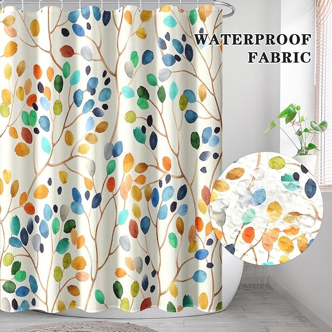 Culudea Colorful Leaves Ivory Shower Curtain Set, Floral Modern Boho Bathroom Window Waterproof Shower Curtain Set for Bathroom Decor