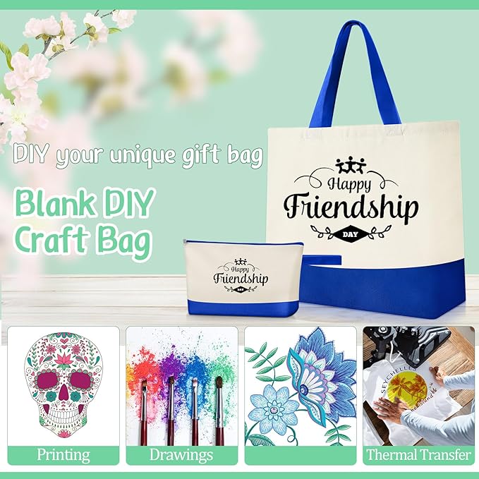 Sanwuta Canvas Tote Bags Bulk with Zipper Cosmetic Pouch 18.5" Reusable Cotton Shopping Bag with Handle for DIY Craft
