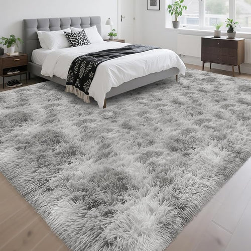 8x10 Area Rugs for Living Room Soft Fluffy Grey and White Rug for Bedroom Under Bed Modern Plush Tie Dyed Gray Shag Carpets Furry Playing Mat for Kids Girls Boys Room Playroom Nursery Dorm