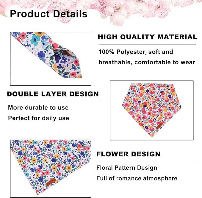 ADOGGYGO Floral Dog Bandanas 2 Pack, Reversible Cute Flower Scarf, Premium Fabric, Adjustable Fit Pink Blue Floral Bandanas for Extra Large Dogs (X-Large)