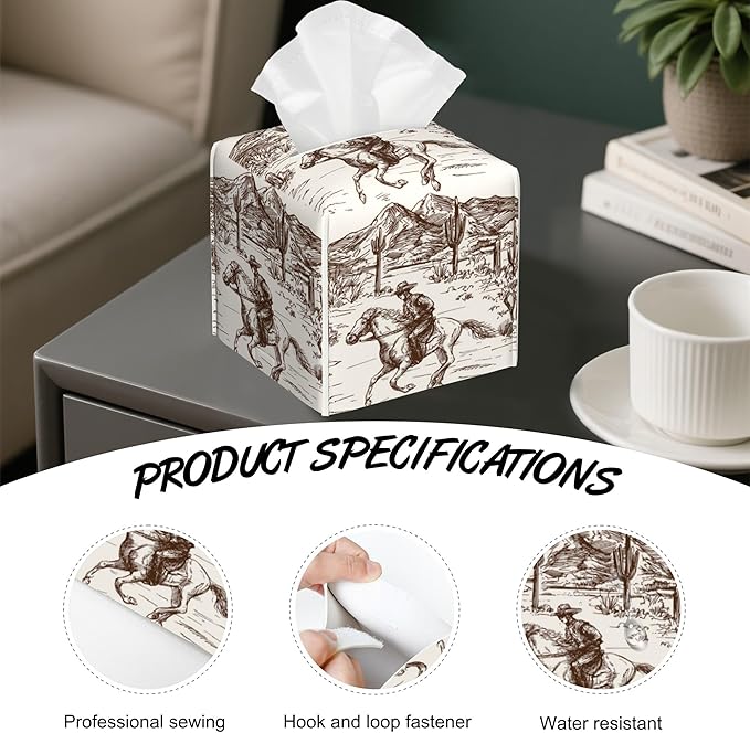 West Cowboys Tissue Box Holder,Desert Cube Tissue Box Cover Holder,Leather Facial Paper Organizer Dispenser Home for Bedroom Night Stands,Kitchen,Office and Car,5.2"×5.2"×5.2"
