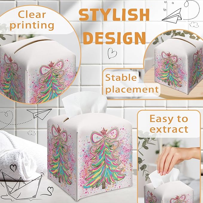 Christmas Tree Tissue Box Holder, Colorful Christmas Tree Leather Tissue Box Cover Square, Paper Facial Decorative Tissues Cover for Night Stands Bathroom Kitchen Office Home Decor-B01